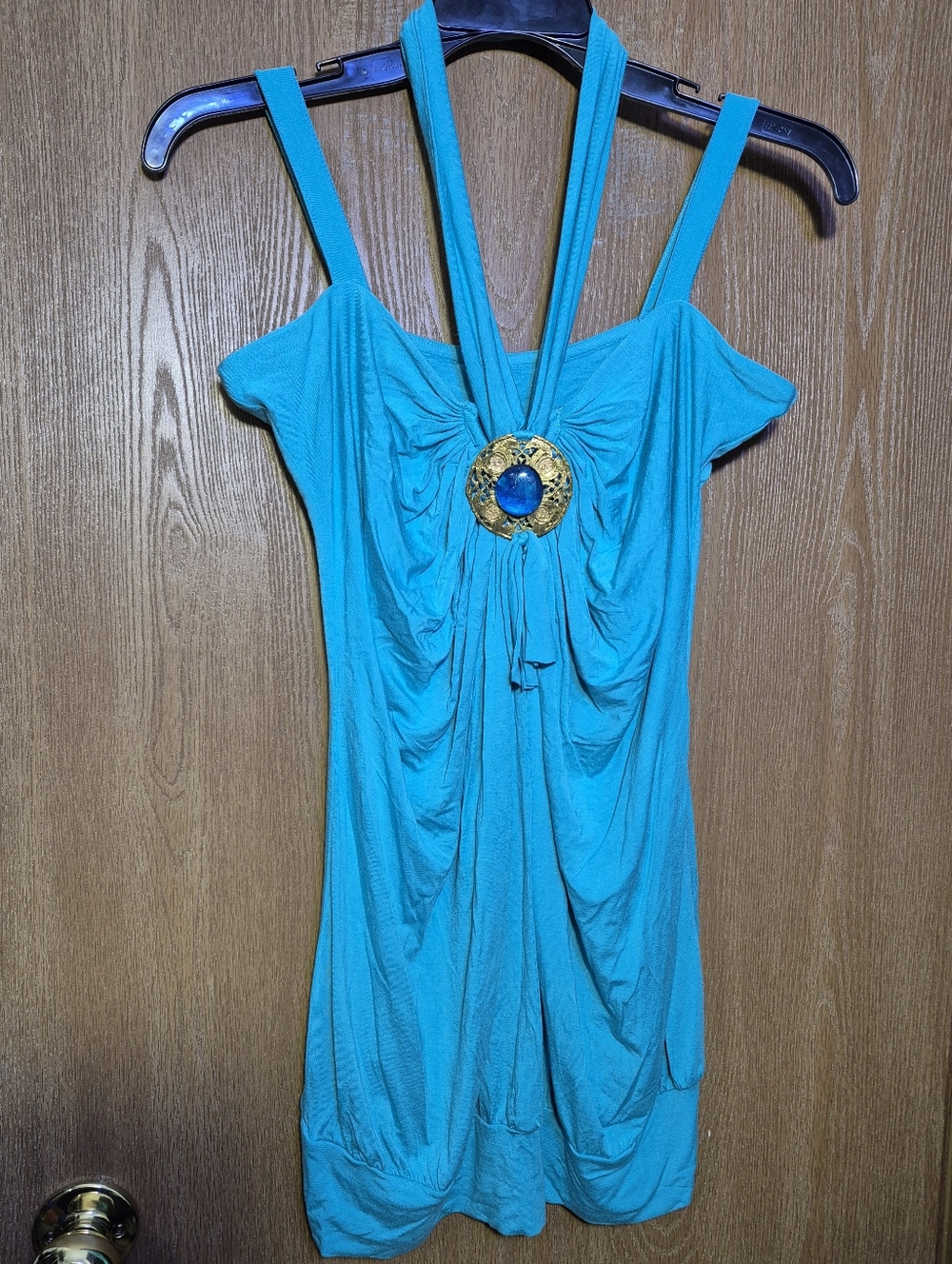 Vintage-Style Hallhuber  Turquoise Halter Soft Top With The Beaded Necklace 1X